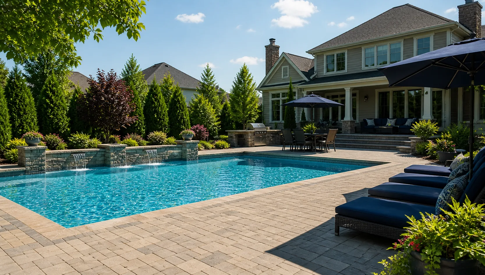 Clean residential backyard pool with paver patio in Northern Bergen County