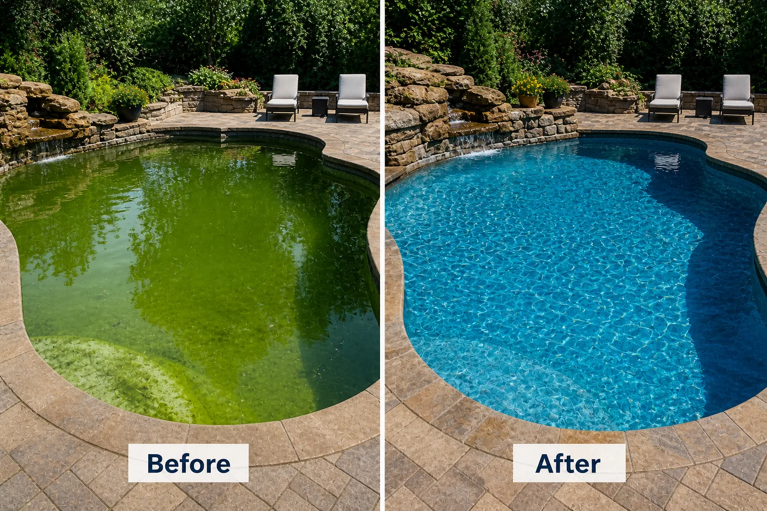 Before and after green pool cleanup