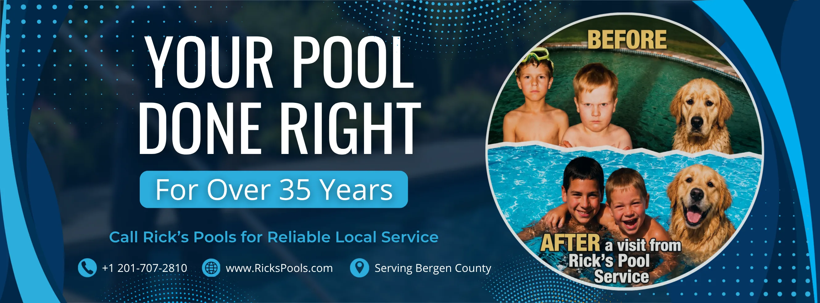 Rick's Pools — Your Pool Done Right for Over 35 Years. Pool maintenance, repair, and renovation in Northern Bergen County. Call 201-707-2810.