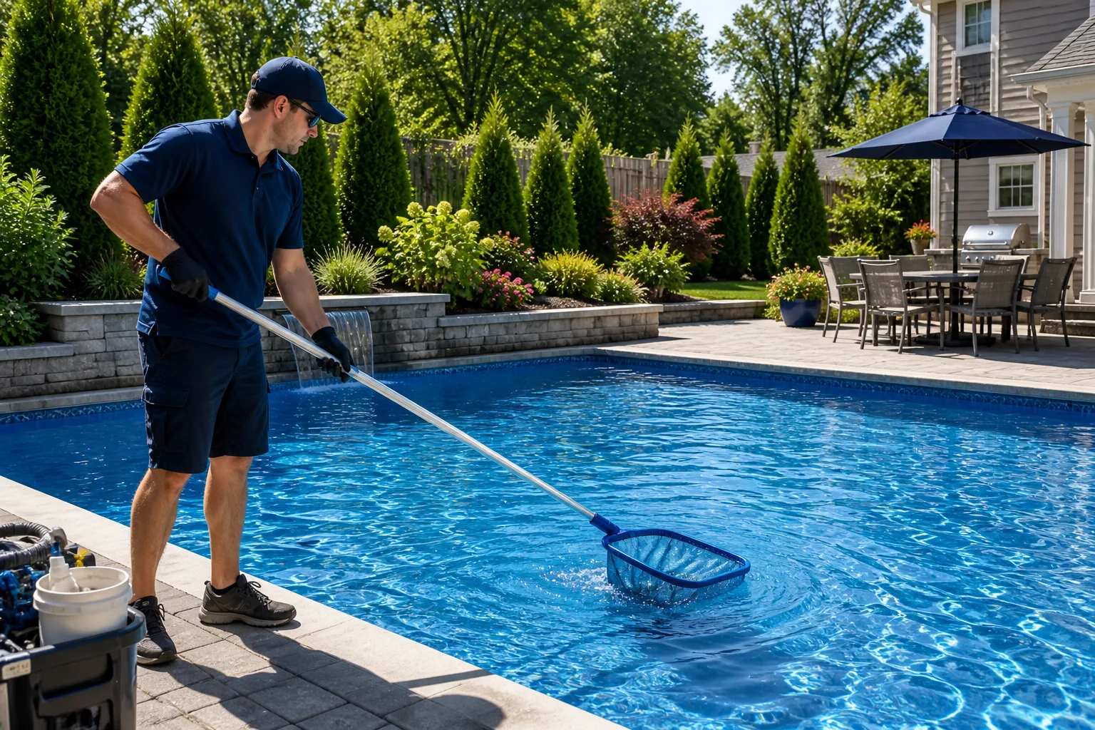 Professional pool technician cleaning a residential pool